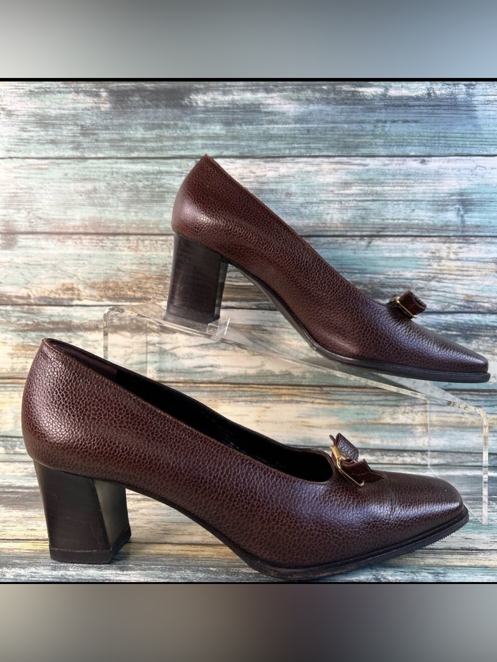 A Testoni Pumps Womens 5 Pebbled Brown Leather Monogram Bow Dress Handmade Shoes
